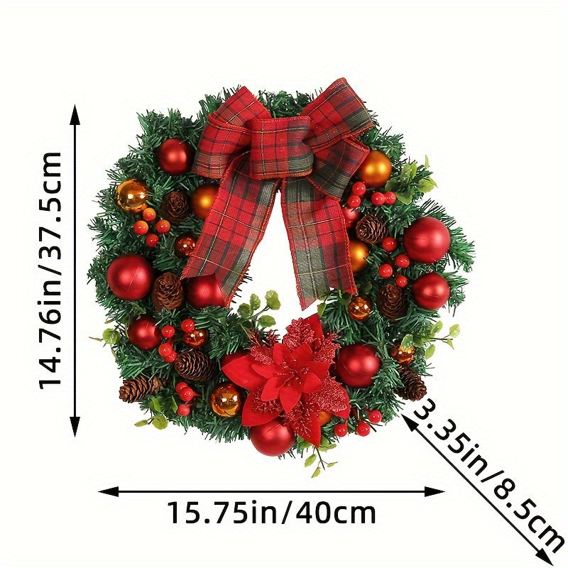 15.8" Vibrant Red Christmas Wreath with Artificial Pine Cones and Elegant Bow - Festive Holiday Door & Window Decoration, Perfect for New Year Celebrations, Indoor and Outdoor Use, Easy to Assemble, Durable and Long-Lasting