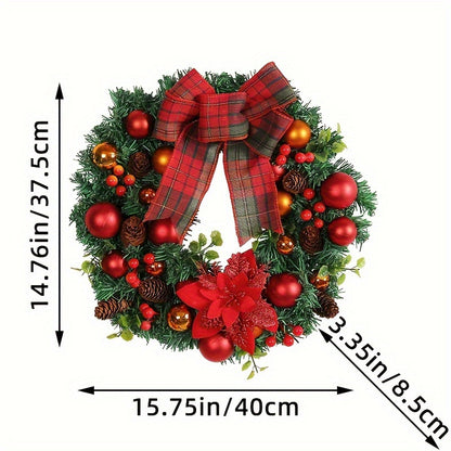 15.8" Vibrant Red Christmas Wreath with Artificial Pine Cones and Elegant Bow - Festive Holiday Door & Window Decoration, Perfect for New Year Celebrations, Indoor and Outdoor Use, Easy to Assemble, Durable and Long-Lasting