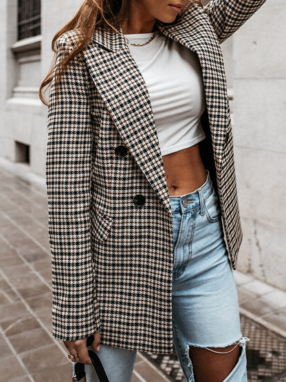 xakxx Long Sleeves Loose Buttoned Houndstooth Notched Collar Blazer Outerwear