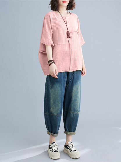 xakxx Batwing Sleeves Loose Solid Color Split-Joint Round-Neck T-Shirts Tops