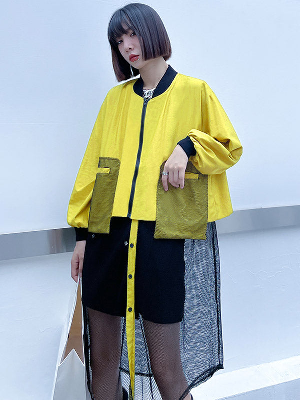 xakxx Stylish Split-Joint With Pocket Mesh Buttoned Stand Collar Long Sleeves Jacket Outwear