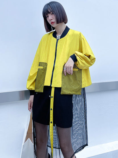 xakxx Stylish Split-Joint With Pocket Mesh Buttoned Stand Collar Long Sleeves Jacket Outwear