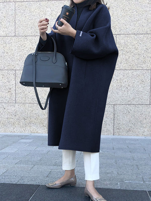 xakxx Long Sleeves Loose Solid Color Collarless Woolen Coat