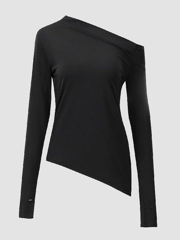 xakxx Stylish Solid Color One-Shoulder Long Sleeves T-Shirt Top
