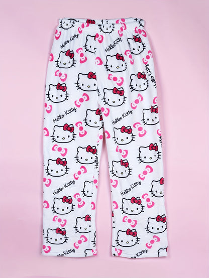 Hello Kitty Flannel Pajama Set for Women - Soft, Warm, White Anime Cartoon Print Lounge Pants - Autumn Fashion Gift Idea