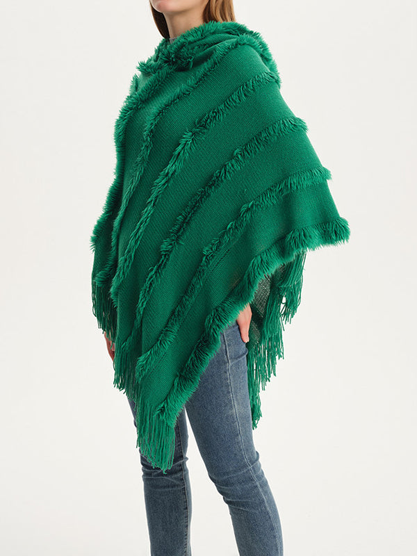 xakxx Hooded Keep Warm Solid Color Tasseled Cape Shawl&Cloak