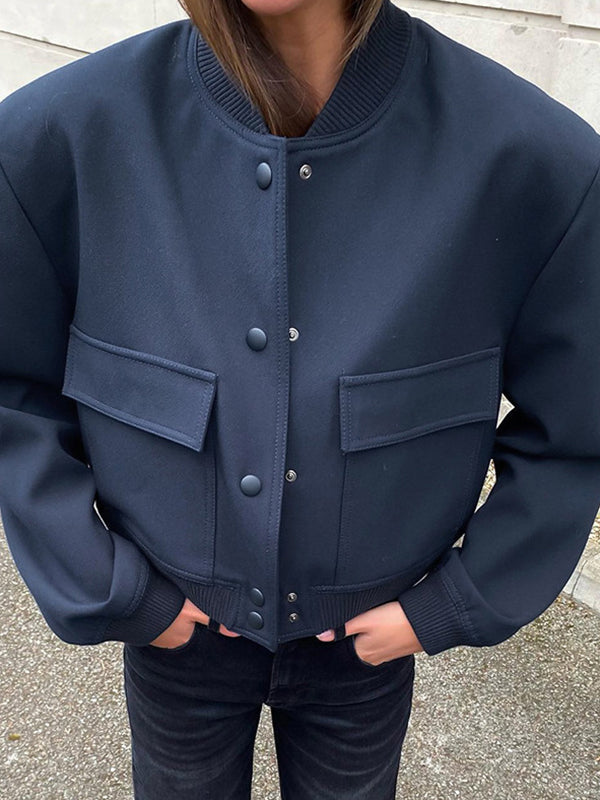 xakxx Long Sleeves Loose Buttoned Pockets Solid Color Round-Neck Jackets Outerwear