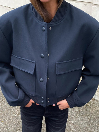 xakxx Long Sleeves Loose Buttoned Pockets Solid Color Round-Neck Jackets Outerwear