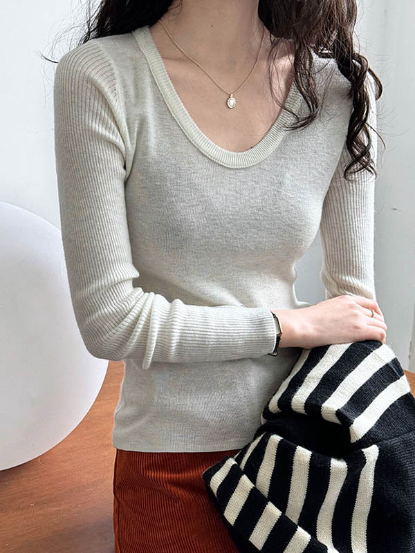 xakxx Long Sleeves Skinny Solid Color Split-Joint U-Neck T-Shirts