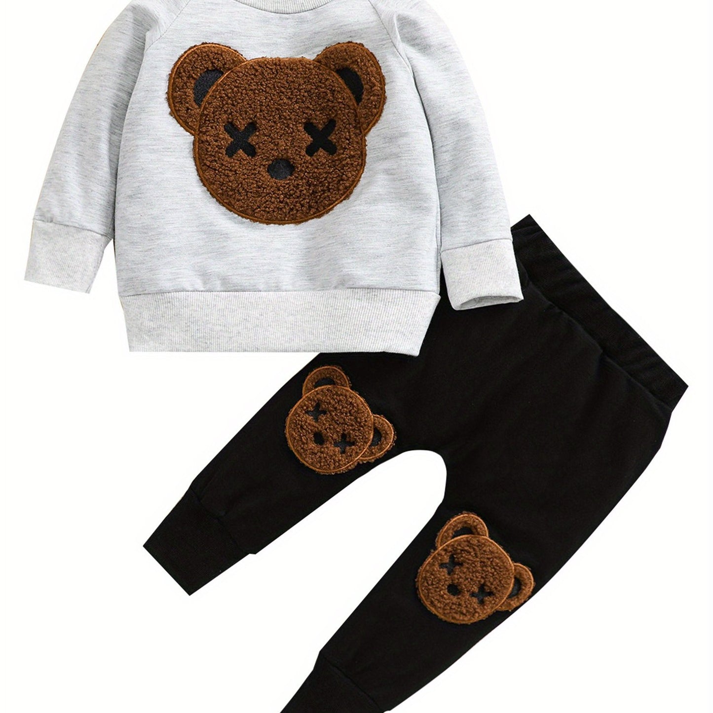 1-5 Years Kids Boys Autumn Spring Tracksuit, Fluffy Cartoon Bear O-Neck Long Sleeves Sweatshirt + Elastic Waist Pants for Little Boys