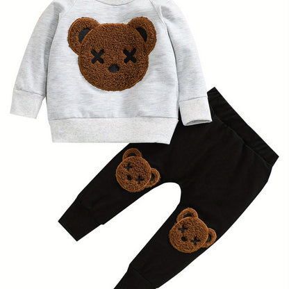 1-5 Years Kids Boys Autumn Spring Tracksuit, Fluffy Cartoon Bear O-Neck Long Sleeves Sweatshirt + Elastic Waist Pants for Little Boys