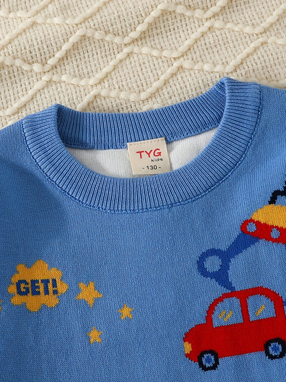 Boys Cartoon Car Pattern Sweater Round Neck Long Sleeve Stretch Warm Knit Pullover Top Kids Clothes Outdoor