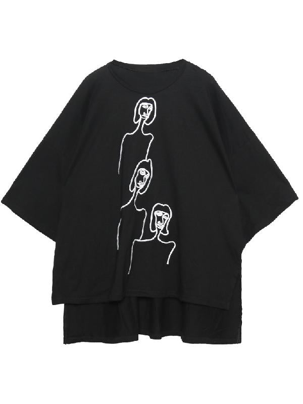 xakxx Embroidered Black&White Loose Round-Neck T-Shirt