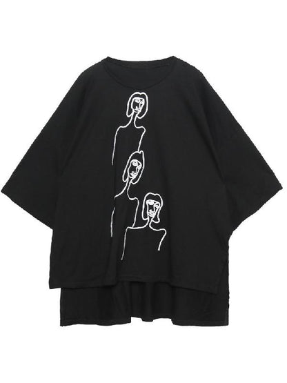 xakxx Embroidered Black&White Loose Round-Neck T-Shirt