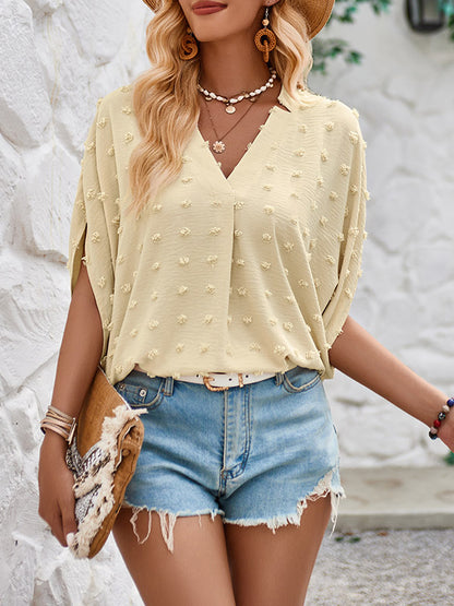 xakxx Half Sleeves Loose Jacquard Solid Color V-Neck T-Shirts Tops