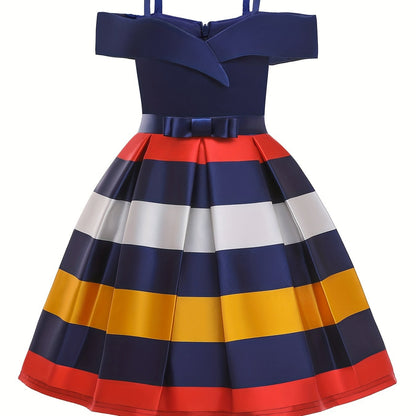Knee-High Off-the-Shoulder Color Block Pleated Princess Dress for Girls - Sleeveless, Flared Hem, Cotton Lined, Non-Stretch Polyester Fabric, Hand Wash Only - Perfect for Piano Performance, Wedding, Birthday Party, and Evening Occasions