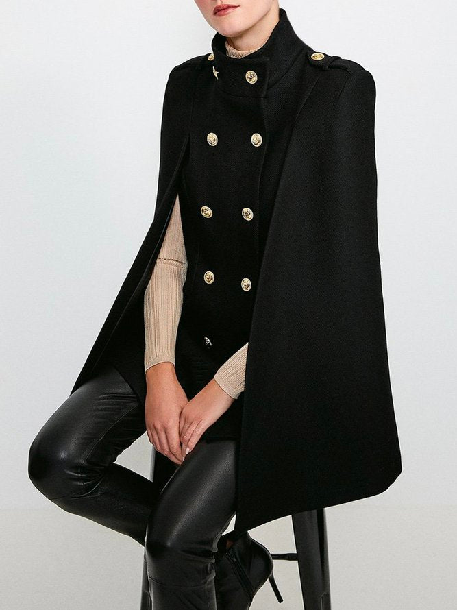 xakxx Loose Buttoned Solid Color Stand Collar Woolen Coat Cape Coats