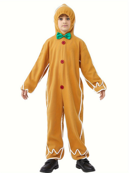 Boys' Fun Holiday Jumpsuit - Long Sleeves Hooded Gingerbread-Themed Polyester Party Apparel for Role-Playing Events