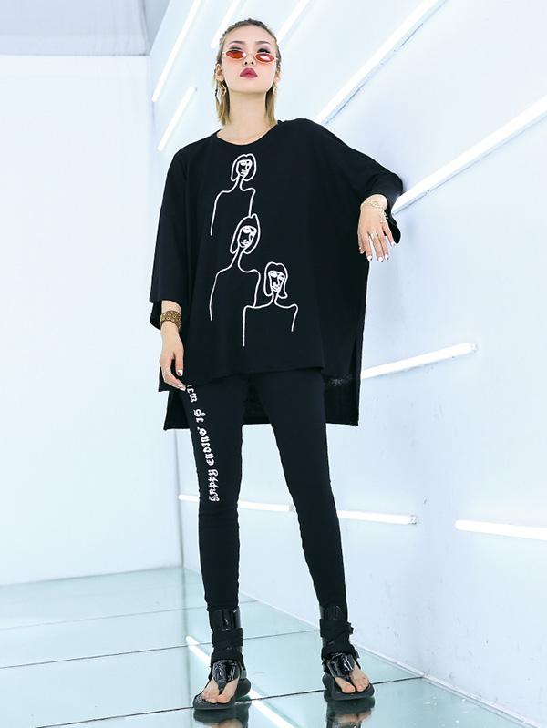 xakxx Embroidered Black&White Loose Round-Neck T-Shirt