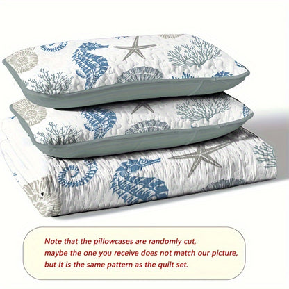 3pcs Vibrant Seahorse & Sea Star Bedspread Set - Soft, Light, Beach-Inspired Family Bedroom Decor - No Filling, Easy Care, Hypoallergenic, All-Season Comfort