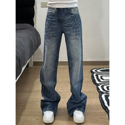 Blue jeans skinny drape straight leg loose trousers tide American wash lightning crack women high street vibe