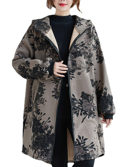 xakxx Artistic Retro Loose Floral Printed Hooded Long Sleeves Outwear