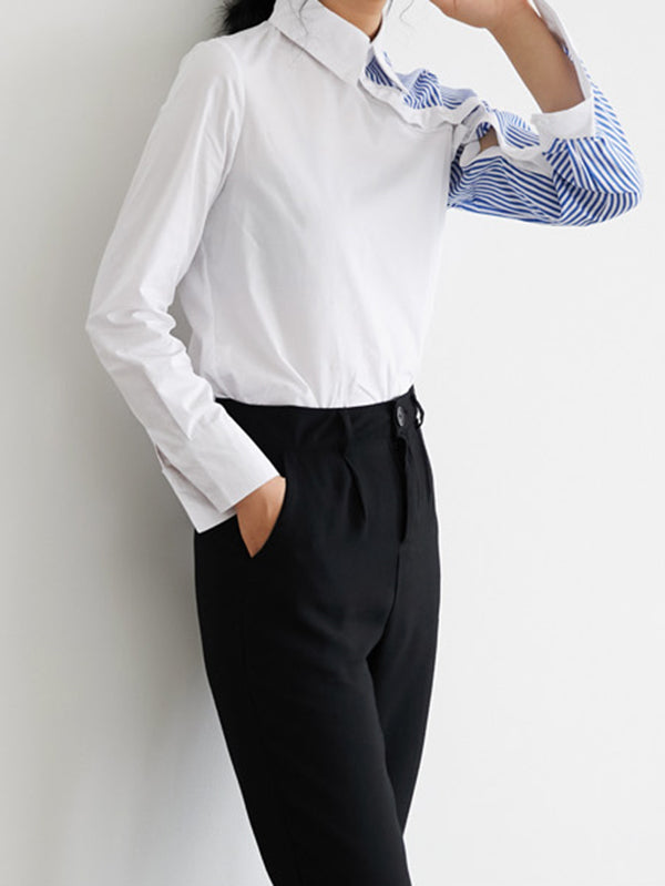 xakxx Long Sleeves Irregularity Striped Solid Contrast Color Lapel Collar Blouses
