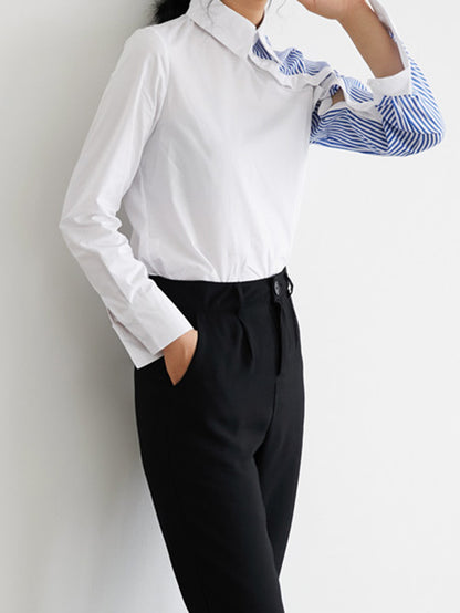 xakxx Long Sleeves Irregularity Striped Solid Contrast Color Lapel Collar Blouses