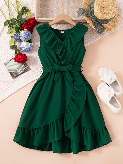 Brief Sleeveless V-Neck Ruffle Trim Dress for Teen Girls - Belted, Fitted, Loose Silhouette, Polyester Fabric, Summer Party Wear - Elegant and Dressy