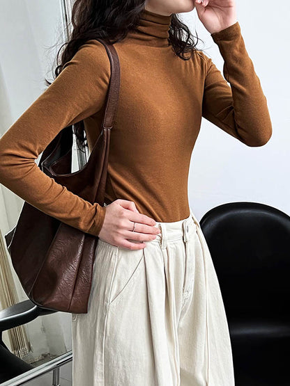 xakxx Long Sleeves Skinny Solid Color Split-Joint High Neck T-Shirts