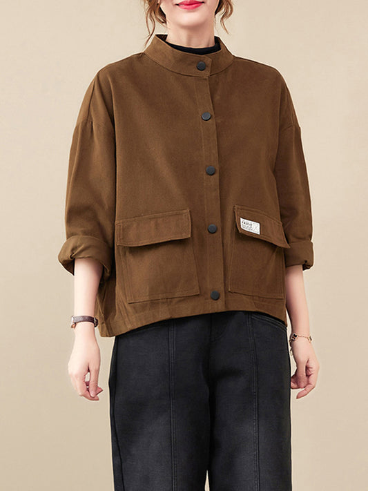 xakxx Vintage Long Sleeves Loose Buttoned Solid Color High-Neck Outerwear