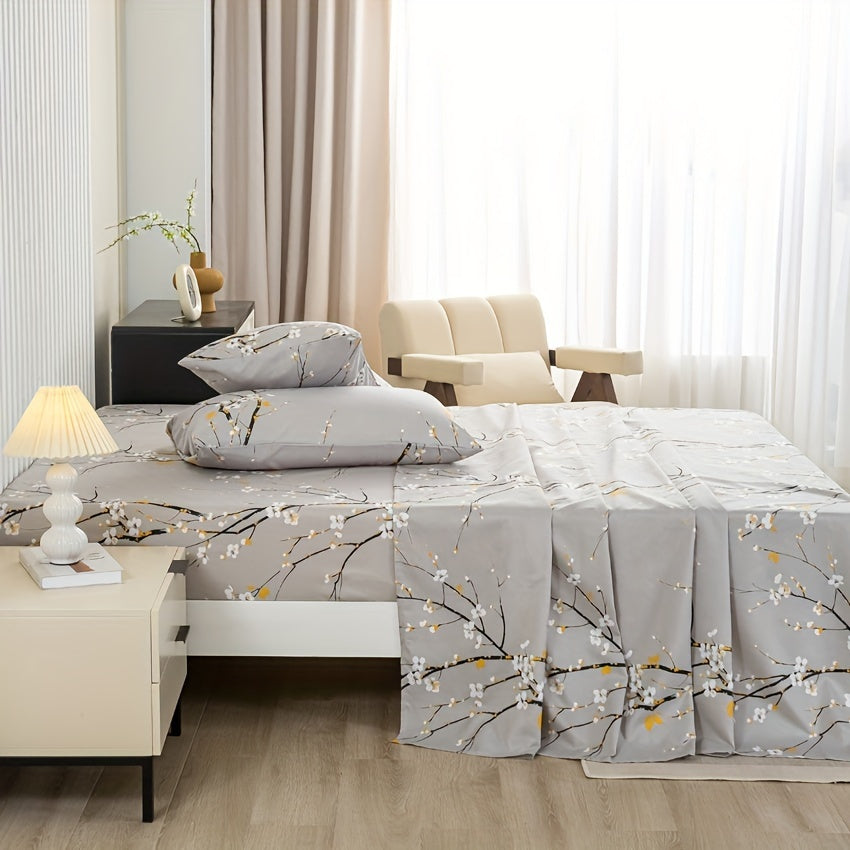 4pcs Luxury Flower Print Fitted Sheet Set - Soft, Hypoallergenic & Breathable Bedding - Wrinkle-Free & Fade-Resistant - Perfect for Bedrooms & Guest Rooms - 1 Flat Sheet, 1 Fitted Sheet, 2 Pillowcases - No Mattress Core
