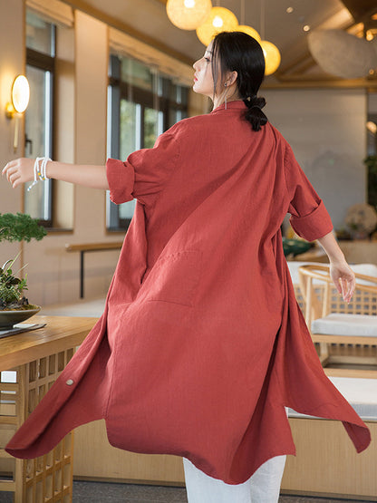 xakxx Artistic Retro Loose Simple Casual Solid Color Ramie Trench Coat