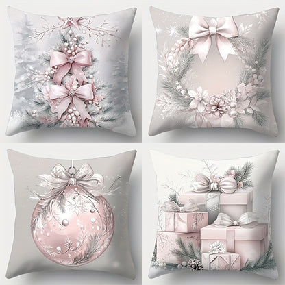 4-Piece Christmas Throw Pillow Covers Set - Contemporary Polyester Decorative Cushion Cases with Zipper Closure, Machine Washable, Woven Fabric, Holiday Themed Decor for Living Room - Gift, Tree, Wreath, Ball Designs