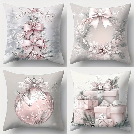 4-Piece Christmas Throw Pillow Covers Set - Contemporary Polyester Decorative Cushion Cases with Zipper Closure, Machine Washable, Woven Fabric, Holiday Themed Decor for Living Room - Gift, Tree, Wreath, Ball Designs