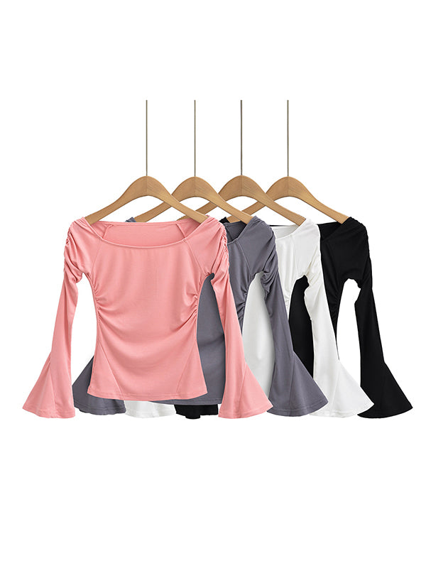 xakxx Flared Sleeves Long Sleeves Pleated Solid Color Boat Neck T-Shirts Tops