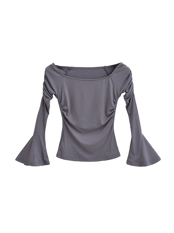 xakxx Flared Sleeves Long Sleeves Pleated Solid Color Boat Neck T-Shirts Tops