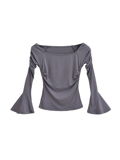 xakxx Flared Sleeves Long Sleeves Pleated Solid Color Boat Neck T-Shirts Tops