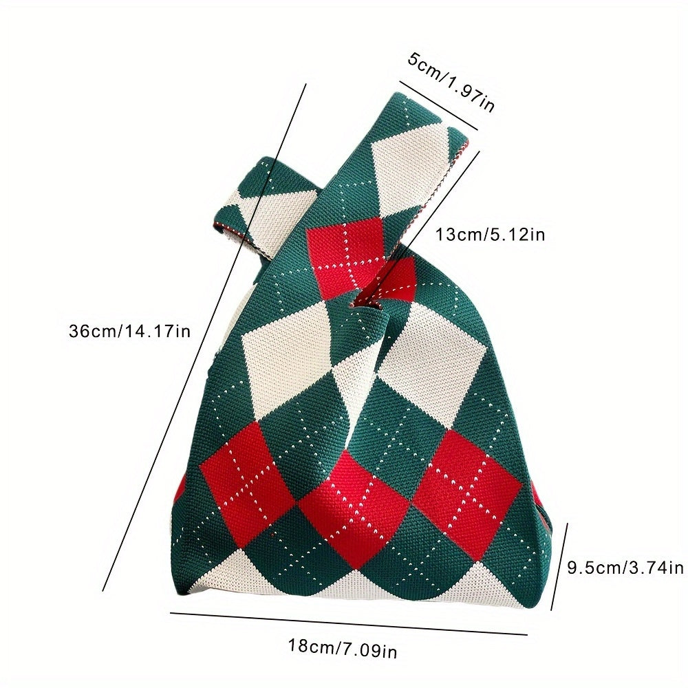 1pc Festive Knitted Polyester Tote Bag, Christmas Candy Gift Pouch, Women'S Handheld Knit Purse, Holiday Shopping Shoulder Bag with Painted Edges, No Closure - Red & Green