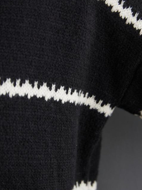 xakxx Casual Loose Long Sleeves Striped Round-Neck Sweater Tops