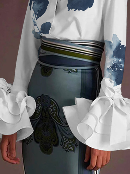 xakxx Long Sleeves Loose Falbala Leaves Print Printed Lapel Collar Blouses&Shirts Tops