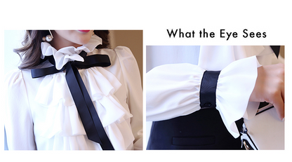 Xakxx - New Women blouse tops White Ruffles Bow Long Sleeve Chiffon Blouse 2023 New Work Wear Office Blusas Femininas ladies shirt 570A
