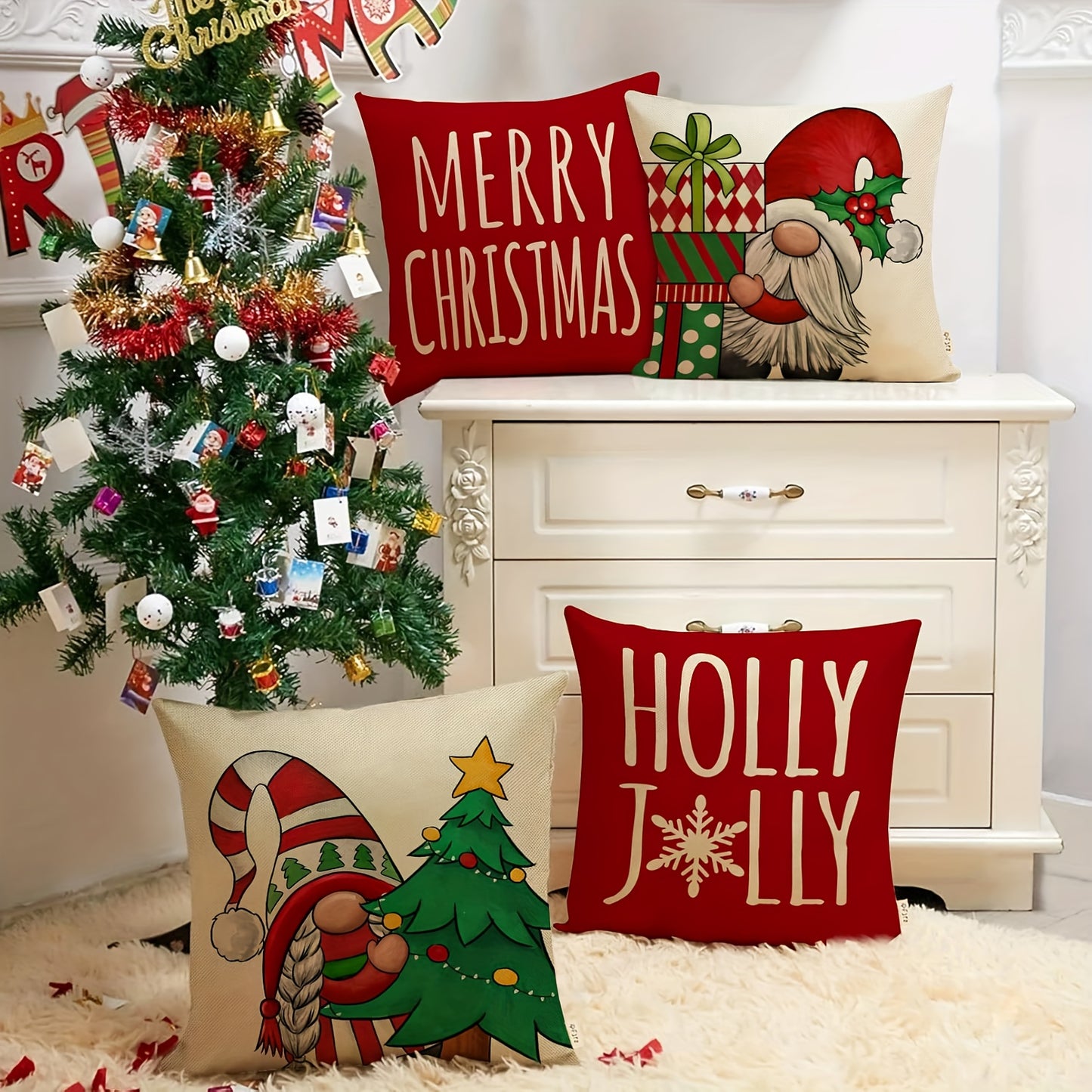 [Customer Favorite] 4pcs Merry Christmas Gnome Decorative Throw Pillow Cover Xmas Tree Holly Jolly Red Porch Patio Home Decor, Winter Holiday Snowflakes Polka Dot Gifts Outdoor Sofa Couch Cushion Case 18inxhX18inch No Pillow insert