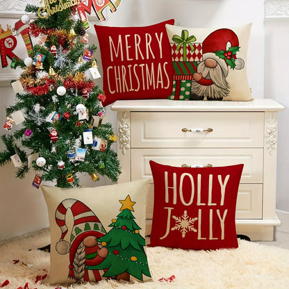 [Customer Favorite] 4pcs Merry Christmas Gnome Decorative Throw Pillow Cover Xmas Tree Holly Jolly Red Porch Patio Home Decor, Winter Holiday Snowflakes Polka Dot Gifts Outdoor Sofa Couch Cushion Case 18inxhX18inch No Pillow insert