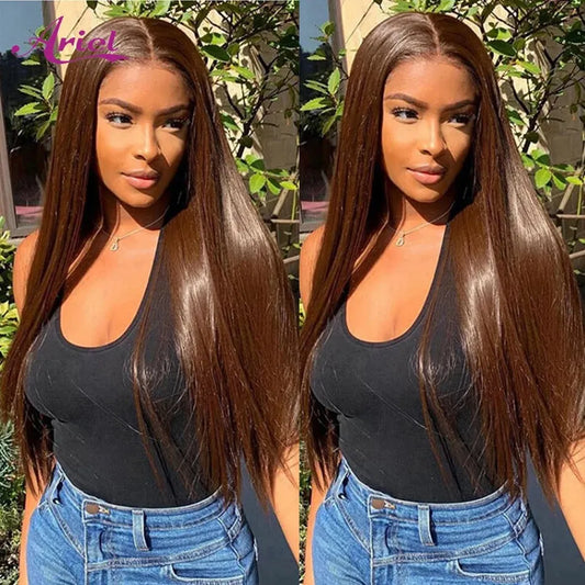 13x4 HD Glueless Straight Lace Front Wigs Human Hair Preplucked Chocolate Brown Colored Transparent Lace Frontal Wig Human Hair