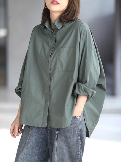xakxx High-Low Long Sleeves Solid Color Lapel Blouses&Shirts Tops