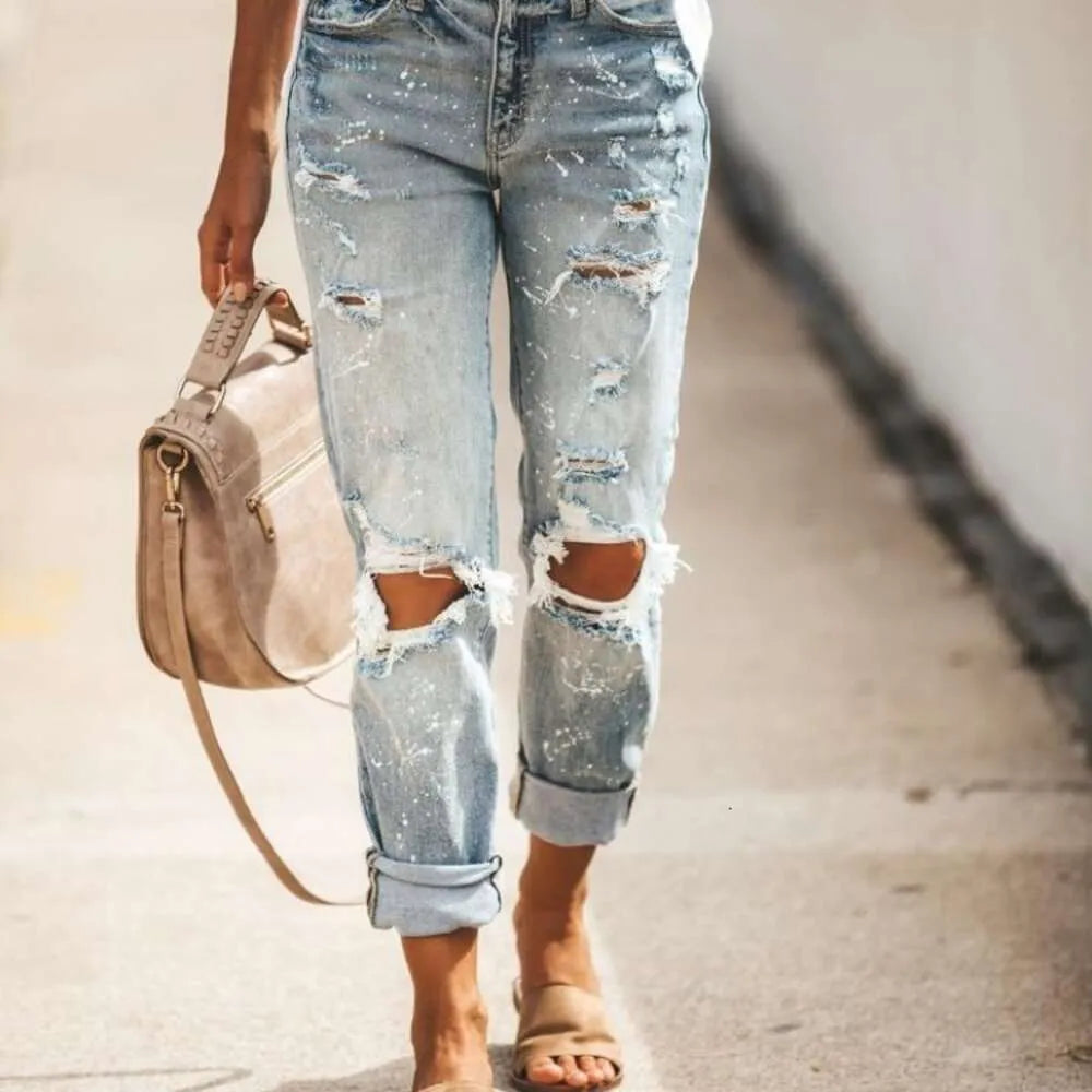 with Tears to Show Thin Wash Women's Jeans Pants
