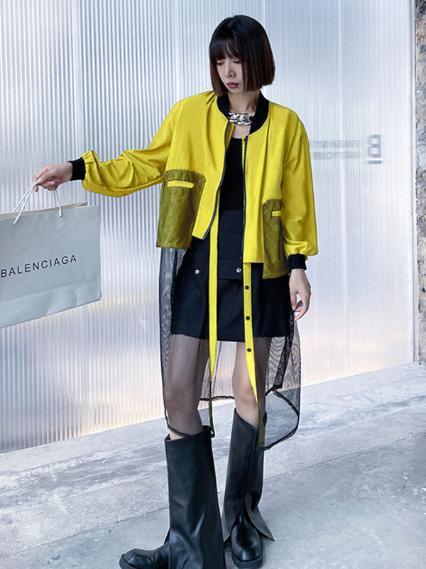 xakxx Stylish Split-Joint With Pocket Mesh Buttoned Stand Collar Long Sleeves Jacket Outwear