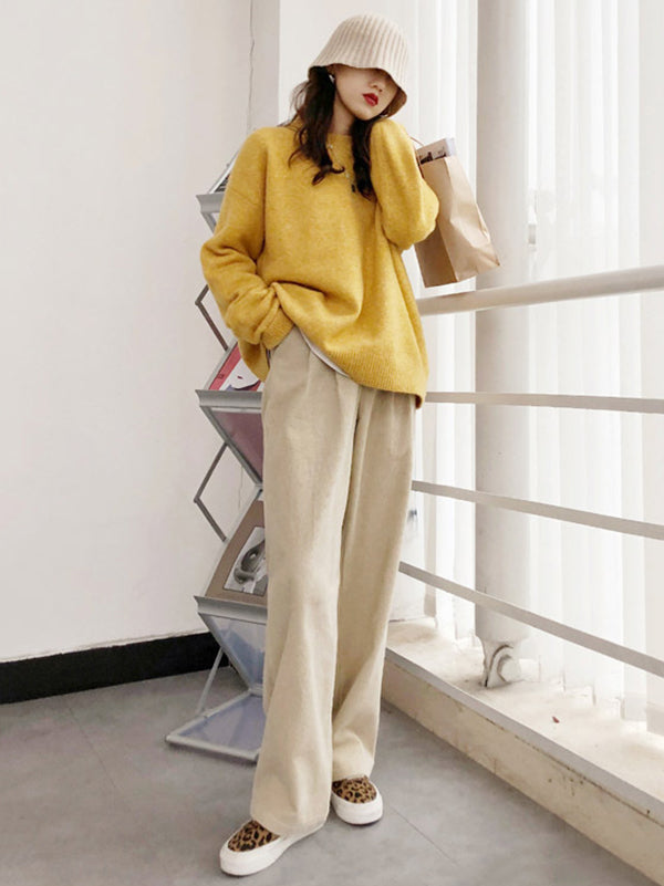 xakxx Simple Loose Long Sleeves Round-Neck Sweater Tops Pullovers