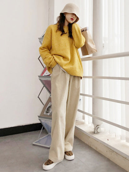 xakxx Simple Loose Long Sleeves Round-Neck Sweater Tops Pullovers